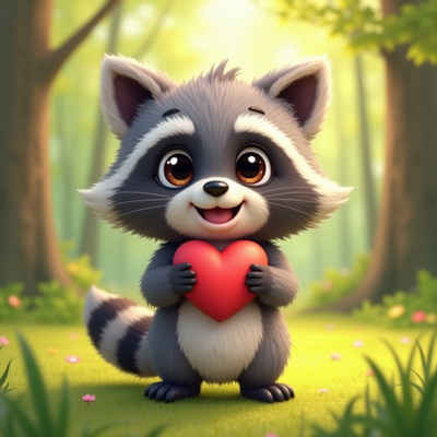 Cute raccoon holding a heart in a sunny forest clearing