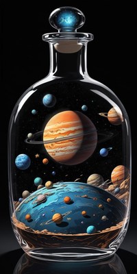 Bottle containing a detailed depiction of planets and space