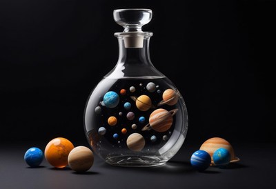 Space-inspired glass bottle with planets displayed