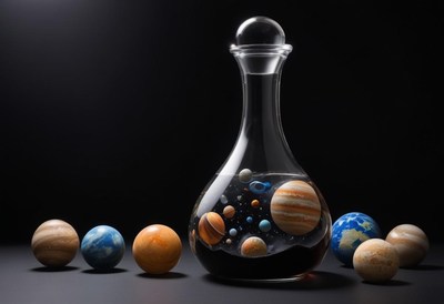 Cosmic display of planets in a glass decanter