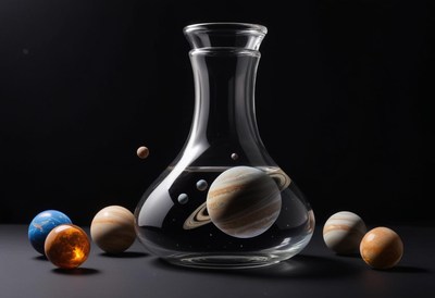 Planets and glass vase display a cosmic arrangement