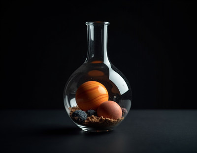 Creative glass display with colored spheres and soil