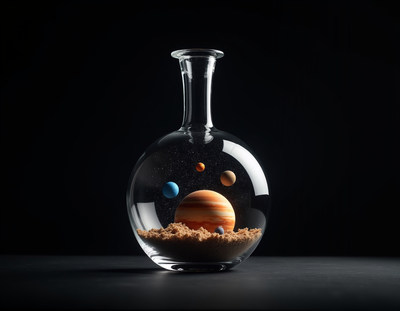 Creative glass flask containing miniature planets