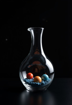 Colorful eggs displayed in a glass vase on a dark background