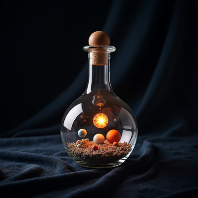 Cosmic scene in a glass bottle with planets and light