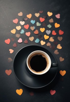 Coffee cup surrounded by colorful heart shapes on a table