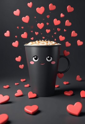 Cute coffee cup with hearts floating above it