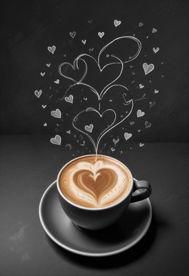Heart-shaped latte art with love-themed decorations