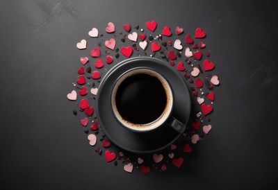 Warm coffee surrounded by colorful heart decorations