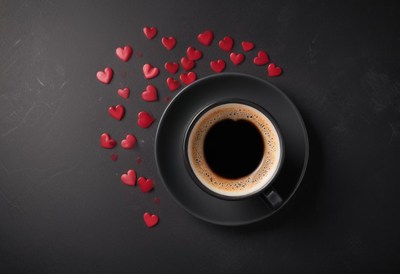 Warm coffee cup surrounded by red hearts on table