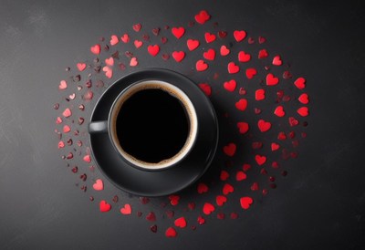 Coffee cup surrounded by red heart decorations on table