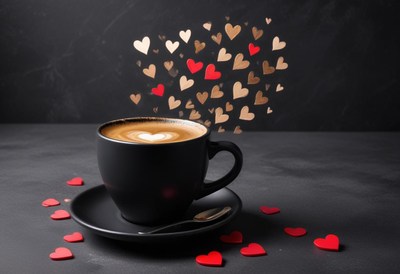 Coffee with heart designs on a sleek black table