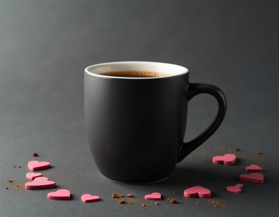 Warm coffee mug surrounded by pink heart decorations
