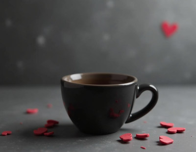 Coffee cup surrounded by red hearts on a gray surface
