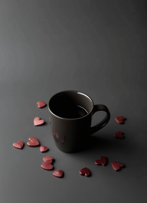 Black cup surrounded by heart-shaped decorations on a table