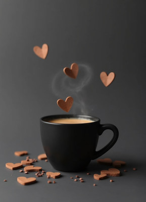 Hot drink with heart-shaped cookies floating above