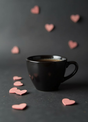 Black coffee cup surrounded by pink heart shapes