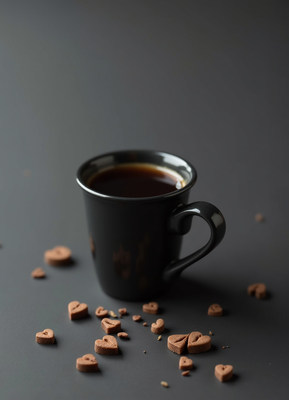 Black coffee cup with heart-shaped chocolates scattered