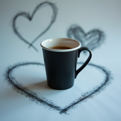 Coffee cup surrounded by heart sketches on paper