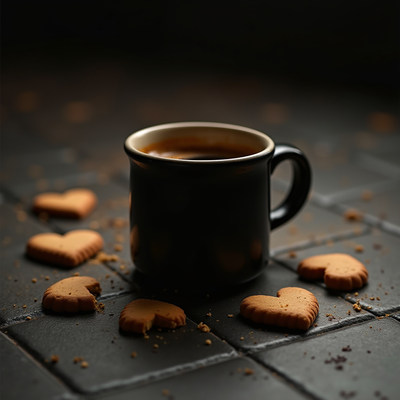 Coffee and heart-shaped cookies on a dark table