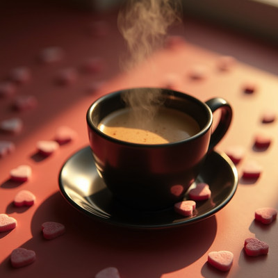 Steam rises from a coffee cup with heart-shaped candies