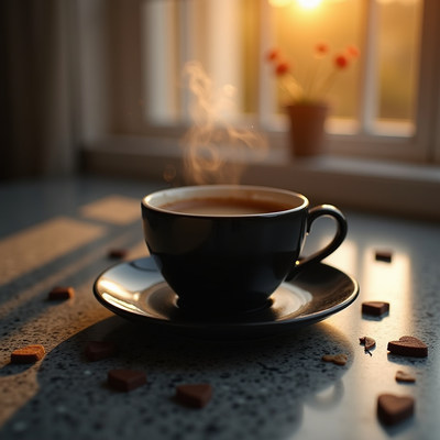 Morning coffee with warm sunlight and sweet treats