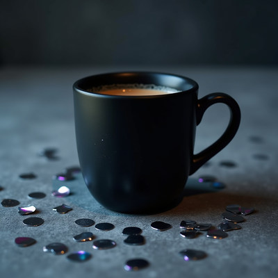 Warm coffee cup on a table with shiny confetti scattered