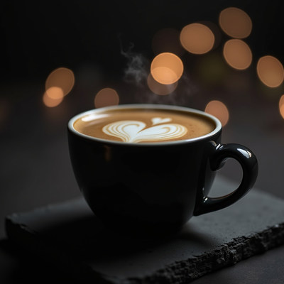 Warm coffee cup with latte art on a dark background