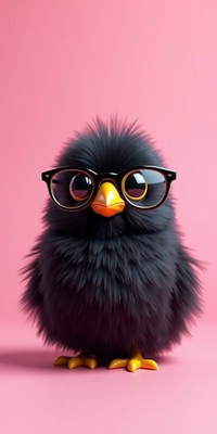 Cute black bird wearing glasses on a pink background