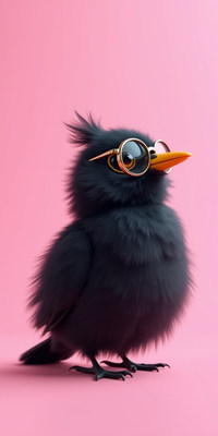Black bird with glasses posing against pink background