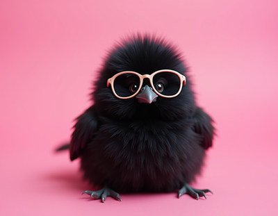 Cute fluffy bird wearing glasses on a pink background