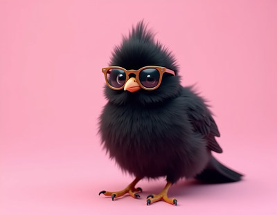 Cute bird wearing glasses on pink background