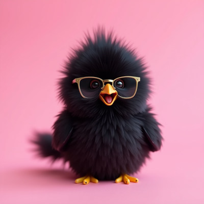 Cute black bird wearing glasses on a pink background