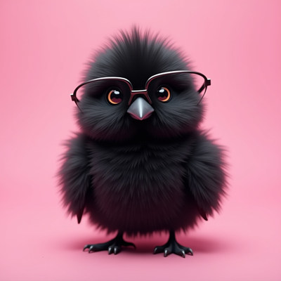 Cute fluffy bird wearing glasses poses against pink backdrop