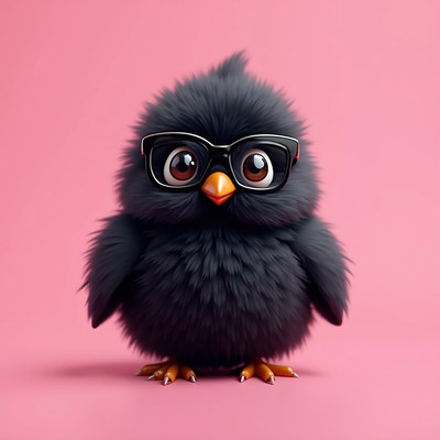 Cute fluffy bird wearing glasses on pink background