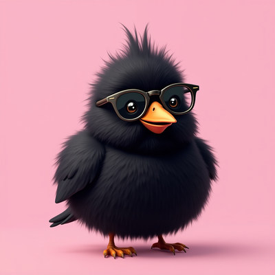 Cute black bird wearing glasses poses on pink background