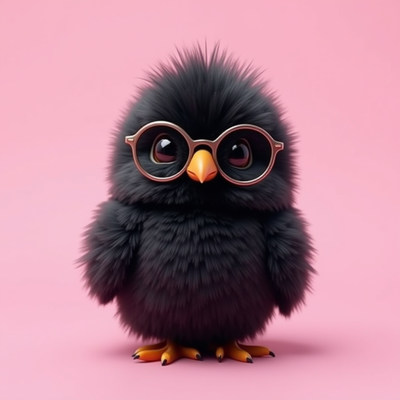Cute black bird wearing glasses on pink background