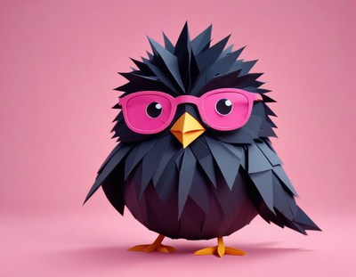 Cute black paper bird wearing pink glasses