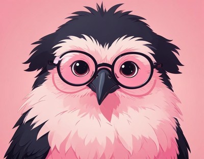Cute bird wearing glasses against a pink background