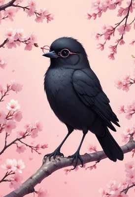Black bird with glasses perched on a cherry blossom branch