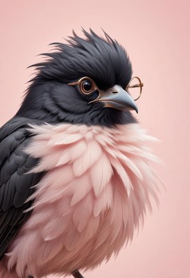 Bird with glasses poses against a pink background