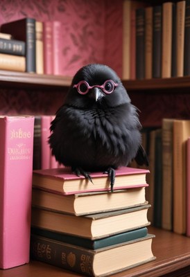 Black bird with glasses perched on books in library