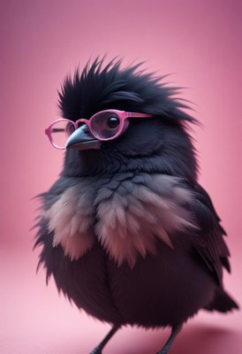 Bird wearing glasses against a pink background