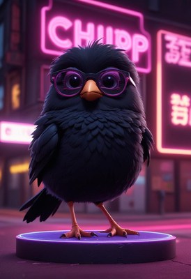 Stylish bird stands confidently under neon lights at night