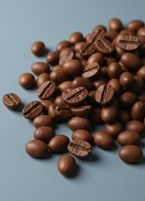 Brown coffee beans scattered on blue background