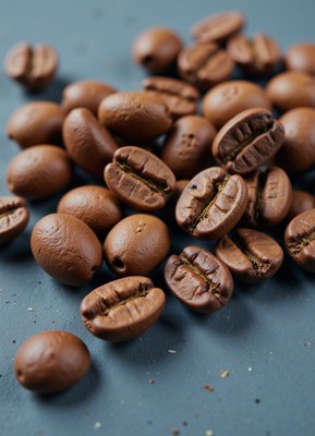 Freshly roasted coffee beans on a blue background
