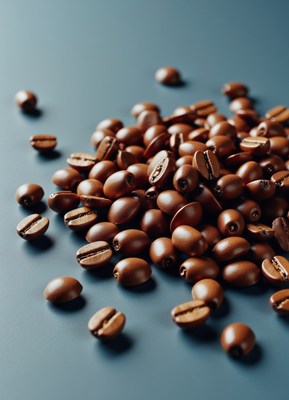 Coffee beans scattered on a smooth surface