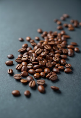 Freshly roasted coffee beans scattered on dark surface