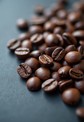 Coffee beans scattered on a dark surface