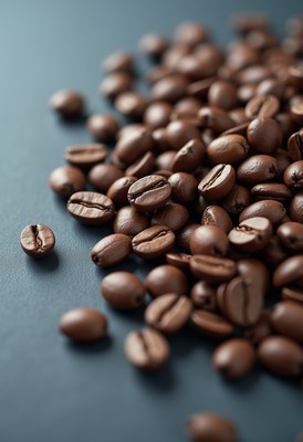 Coffee beans scattered on a dark surface